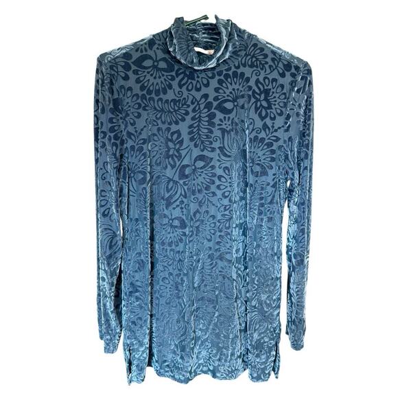 Soft Surroundings Blouse Walden Velvet Burnout Mock Turtleneck Blue Teal M Boho - Picture 1 of 9